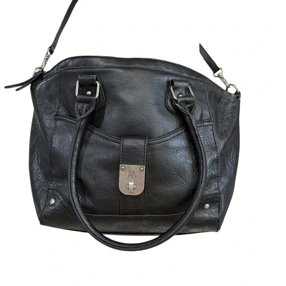 Style & Co Womens Black Faux Leather Satchel Handbag Crossbody Bag S&Co Hardware
